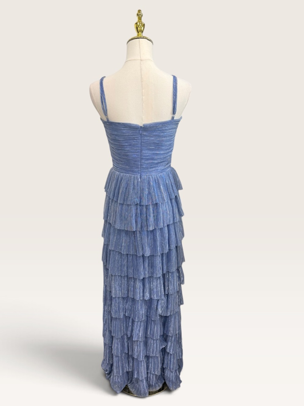 Gianni Bini Grace Metallic Plisse Sweetheart Neck Cut-Out Tiered Dress Chambray - Picture 8 of 15
